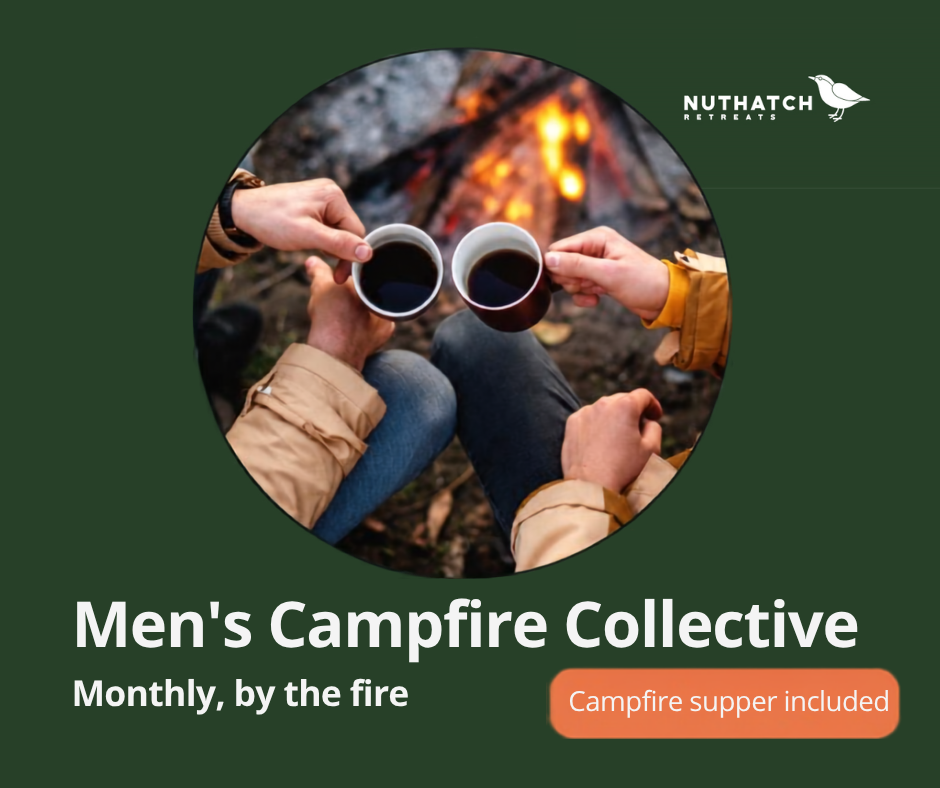 Two hands holding coffee mugs by a campfire, with the Nuthatch Retreats logo and text "Men's Campfire Collective — Monthly, by the fire — Campfire supper included."